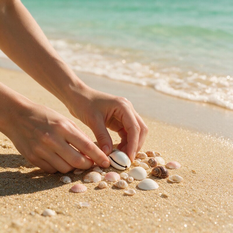 Mains disposant des coquillages sur le sable